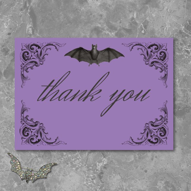 Victorian Bat Until Death Black & Purple Wedding Thank You Card (Victorian Bat Until Death Black & Purple Wedding Thank You Card)