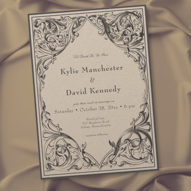 Victorian Bat Until Death Black & Tan Wedding Invitation (Victorian Bat Until Death Black & Tan Wedding Invitation)