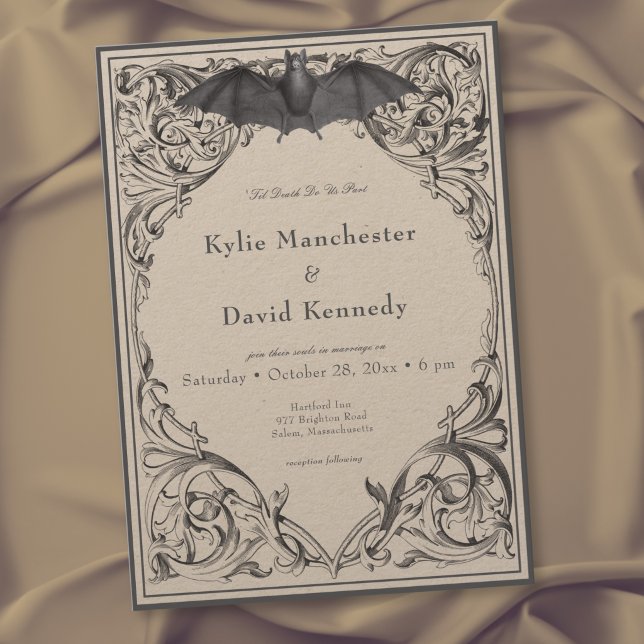 Victorian Bat Until Death Black & Tan Wedding Invitation (Victorian Bat Until Death Black & Tan Wedding Invitation)