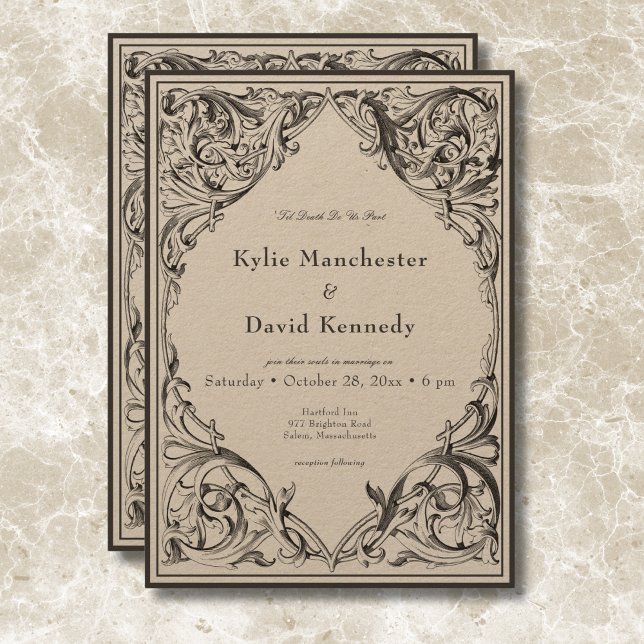 Victorian Bat Until Death Black & Tan Wedding Invitation (Victorian Bat Until Death Black & Tan Wedding Invitation)