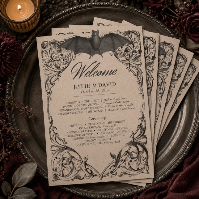 Victorian Bat Until Death Black & Tan Wedding Programme (Creator Uploaded)