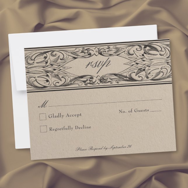 Victorian Bat Until Death Black & Tan Wedding RSVP Card (Victorian Bat Until Death Black & Tan Wedding RSVP Card)