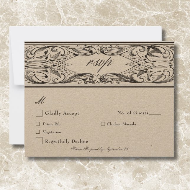 Victorian Bat Until Death Black & Tan Wedding RSVP Card (Victorian Bat Until Death Black & Tan Wedding RSVP Card)