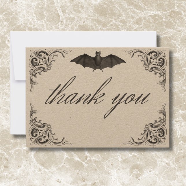 Victorian Bat Until Death Black & Tan Wedding Thank You Card (Victorian Bat Until Death Black & Tan Wedding Thank You Card)