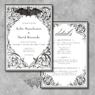 Victorian Bat Until Death Black & White Two Sided Invitation