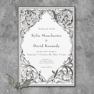 Victorian Bat Until Death Black & White Wedding Invitation