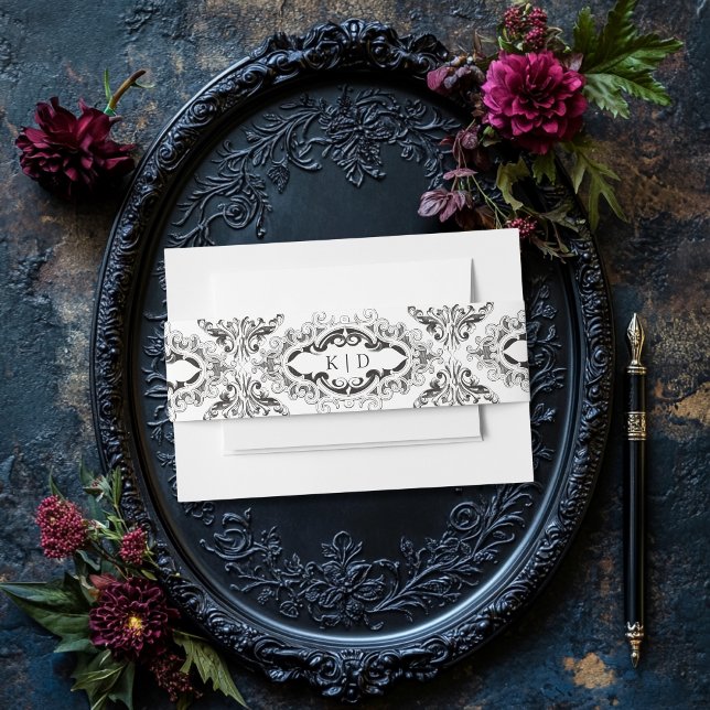 Victorian Bat Until Death Black & White Wedding Invitation Belly Band (Creator Uploaded)