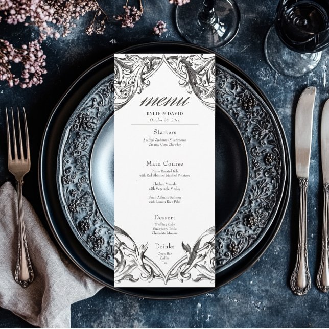 Victorian Bat Until Death Black & White Wedding Menu (Creator Uploaded)