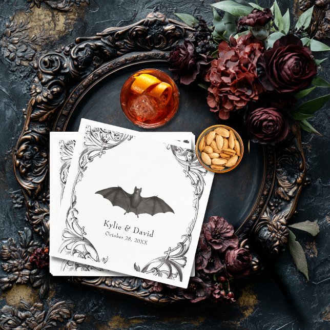Victorian Bat Until Death Black & White Wedding Napkin (Creator Uploaded)