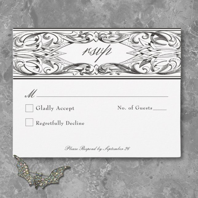 Victorian Bat Until Death Black & White Wedding RSVP Card (Victorian Bat Until Death Black & White Wedding RSVP Card)