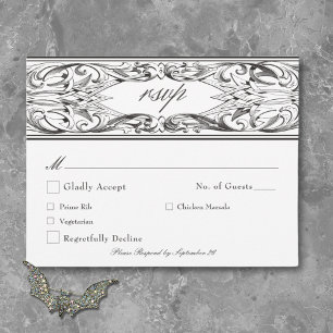Victorian Bat Until Death Black & White Wedding RSVP Card