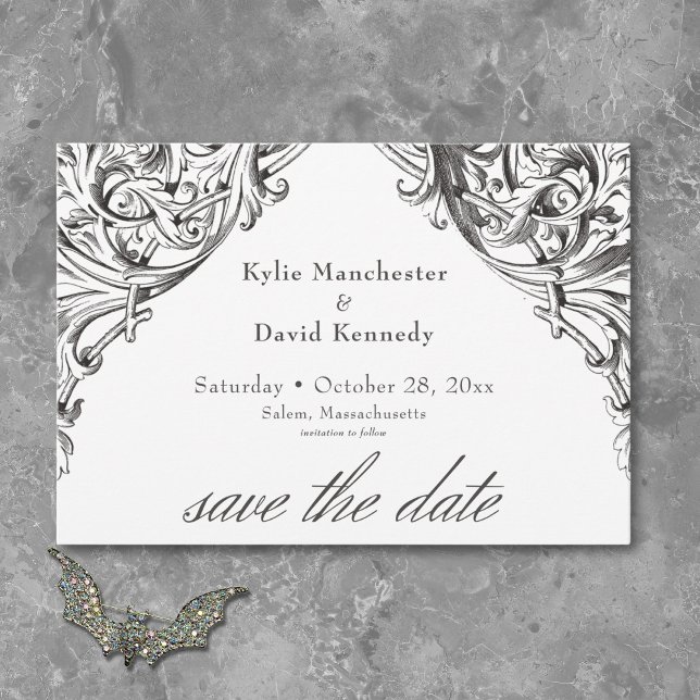 Victorian Bat Until Death Black & White Wedding Save The Date (Victorian Bat Until Death Black White Wedding Save The Date)
