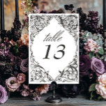 Victorian Bat Until Death Black & White Wedding Table Number<br><div class="desc">Elevate your gothic wedding with a Victorian-inspired wedding table number that exudes timeless elegance and mystery. Designed to resemble an antique book binding, this stunning design features intricate a black and white lacey filigree, evoking the charm of a bygone era. Let your love story unfold with a table number card...</div>