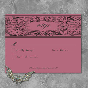 Victorian Bat Until Death Black & Wine Wedding RSVP Card