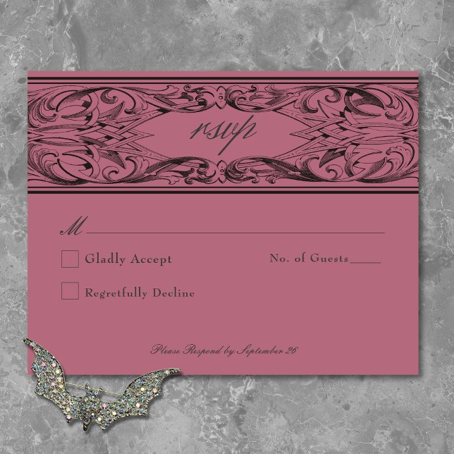 Victorian Bat Until Death Black & Wine Wedding RSVP Card (Victorian Bat Until Death Black & Wine Wedding RSVP Card)
