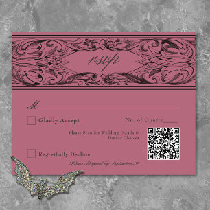 Victorian Bat Until Death Black & Wine Wedding RSVP Card