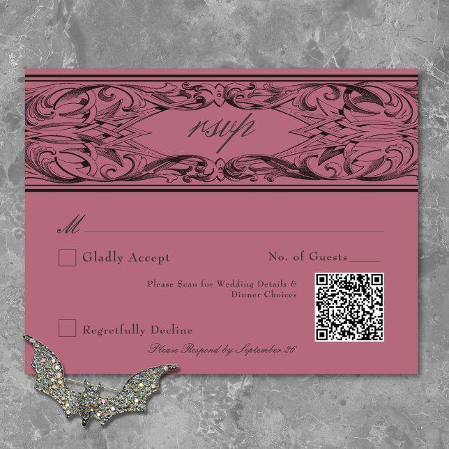 Victorian Bat Until Death Black & Wine Wedding RSVP Card (Victorian Bat Until Death Black & Wine Wedding RSVP Card)