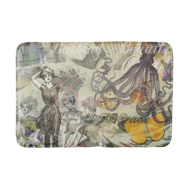 Victorian Bathing Beauty Kraken Vintage Surrealism Bath Mat (Front)