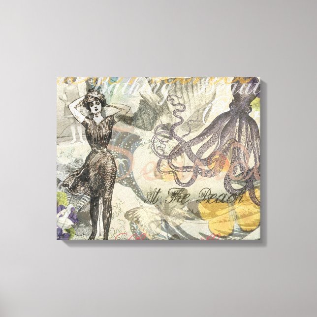 Victorian Bathing Beauty Kraken Vintage Surrealism Canvas Print (Front)