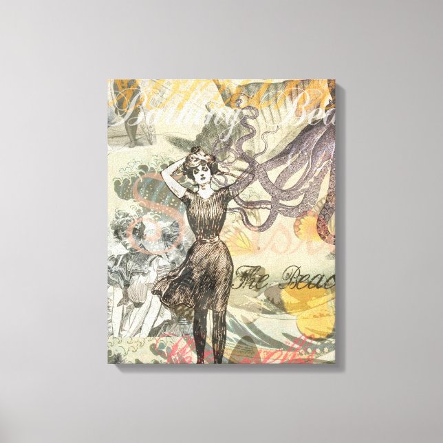 Victorian Bathing Beauty Kraken Vintage Surrealism Canvas Print (Front)