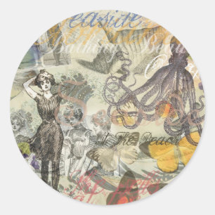 Victorian Bathing Beauty Kraken Vintage Surrealism Classic Round Sticker