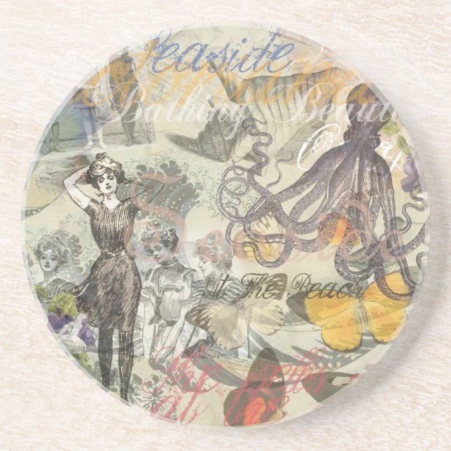 Victorian Bathing Beauty Kraken Vintage Surrealism Coaster (Front)