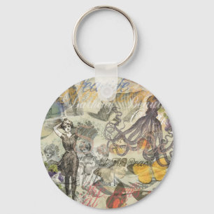 Victorian Bathing Beauty Kraken Vintage Surrealism Key Ring