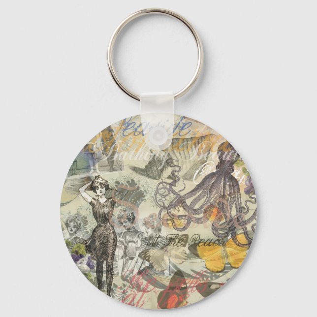 Victorian Bathing Beauty Kraken Vintage Surrealism Key Ring (Front)
