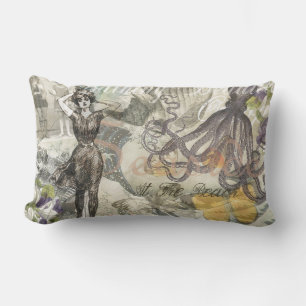 Victorian Bathing Beauty Kraken Vintage Surrealism Lumbar Cushion