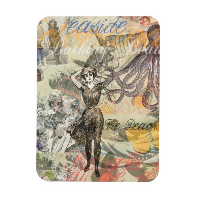 Victorian Bathing Beauty Kraken Vintage Surrealism Magnet (Vertical)