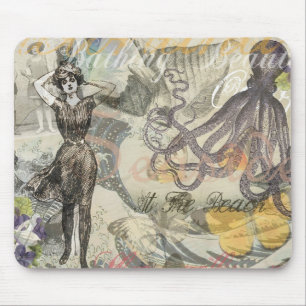 Victorian Bathing Beauty Kraken Vintage Surrealism Mouse Pad