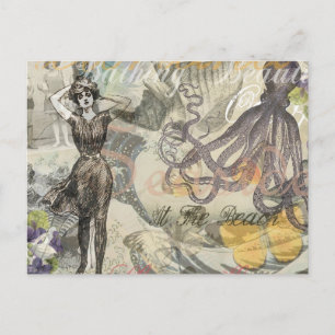 Victorian Bathing Beauty Kraken Vintage Surrealism Postcard
