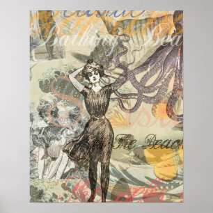 Victorian Bathing Beauty Kraken Vintage Surrealism Poster