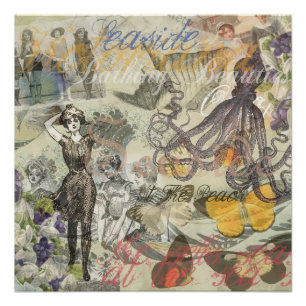 Victorian Bathing Beauty Kraken Vintage Surrealism Poster