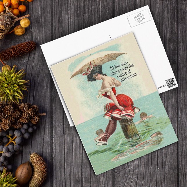 Victorian Bathing Beauty Postcard (Victorian lady parasol in vintage red bathing suit on pier at beach on postcard.)