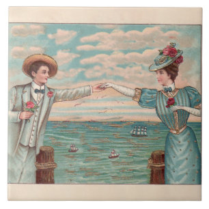 Victorian Beach Love Dressy Ocean Wedding Couple Tile