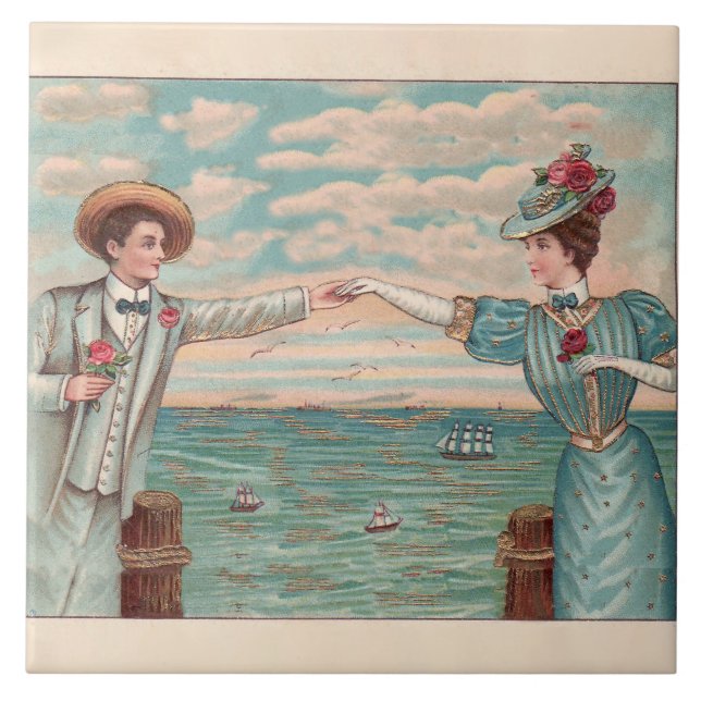 Victorian Beach Love Dressy Ocean Wedding Couple Tile (Front)
