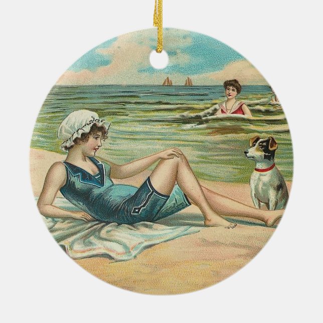 Victorian Beach Swim Girl Ocean Summer Vacation Ceramic Tree Decoration (Back)
