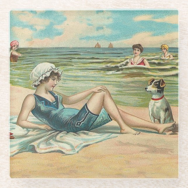 Victorian Beach Swim Girl Ocean Summer Vacation Glass Coaster (Front)