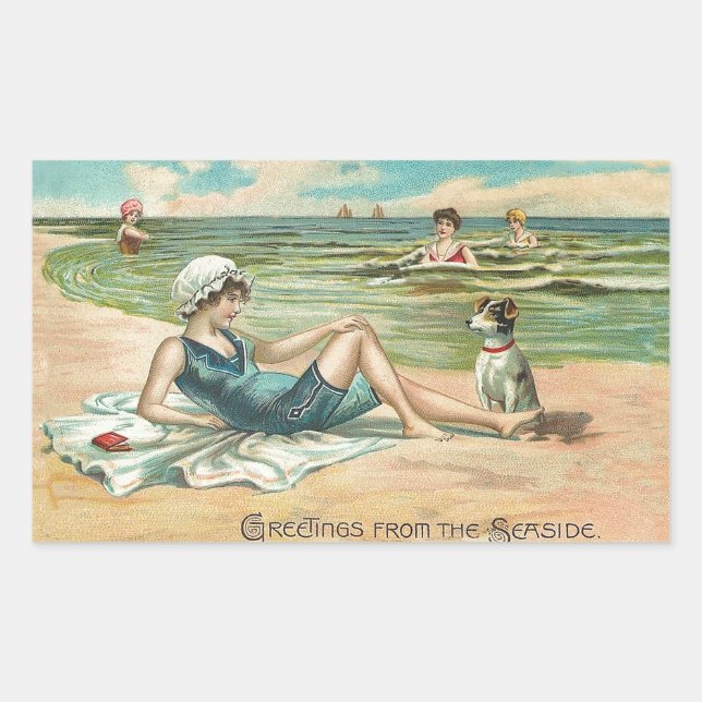 Victorian Beach Swim Girl Ocean Summer Vacation Rectangular Sticker (Front)