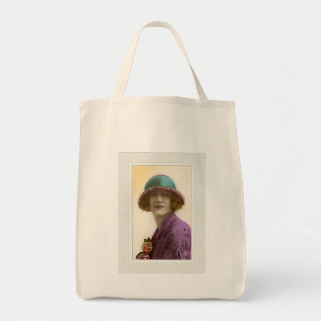 Victorian beauty in hat purple teal dress tote bag (Front)