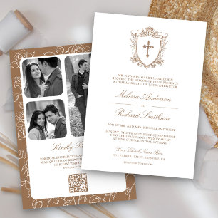 Victorian Beige Catholic QR Code Wedding Invitation