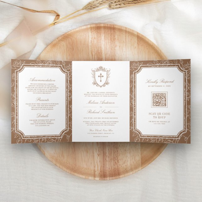 Victorian Beige Catholic QR Code Wedding Tri-Fold Invitation (Creator Uploaded)