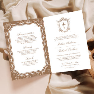 Victorian Beige Tan Catholic QR Code Wedding Invitation