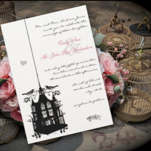 Victorian Bird Cage Pink & Black Wedding Invite