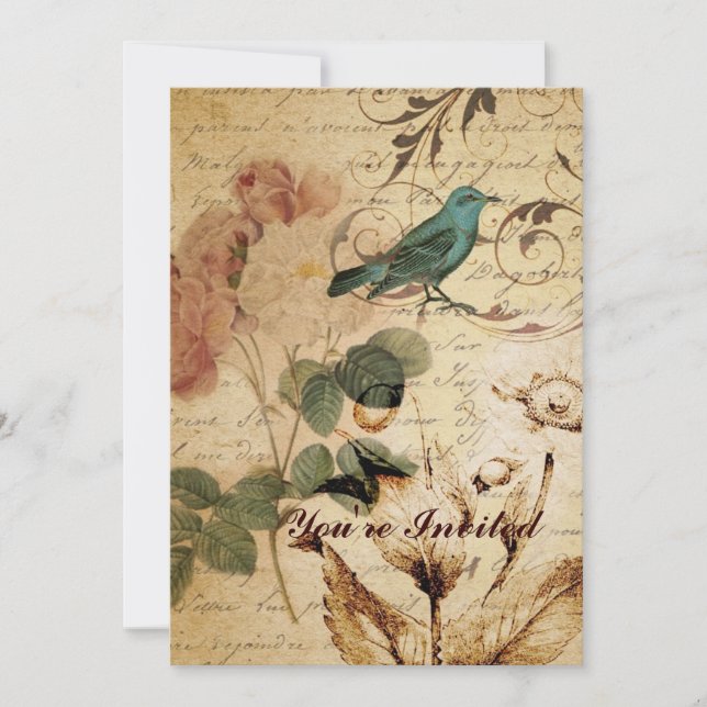 victorian bird Paris French Botanical Rose Invitation (Front)