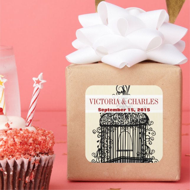 Victorian BirdCage Musical Love Bird Red Weddings Square Sticker (Party)