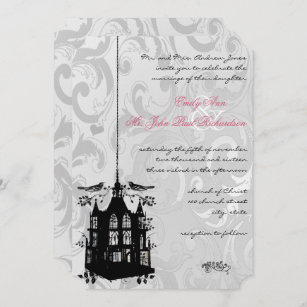 Victorian Birdcage Silver & Pink Wedding Invite