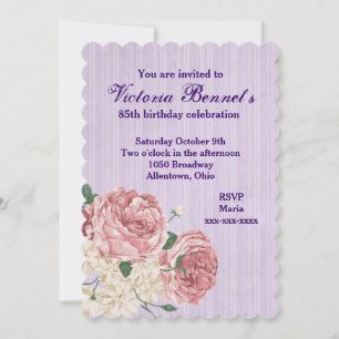 Victorian Birthday With Purple Stripes and Roses Invitation