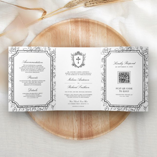 Victorian Black and White Catholic QR Code Wedding Tri-Fold Invitation (Creator Uploaded)
